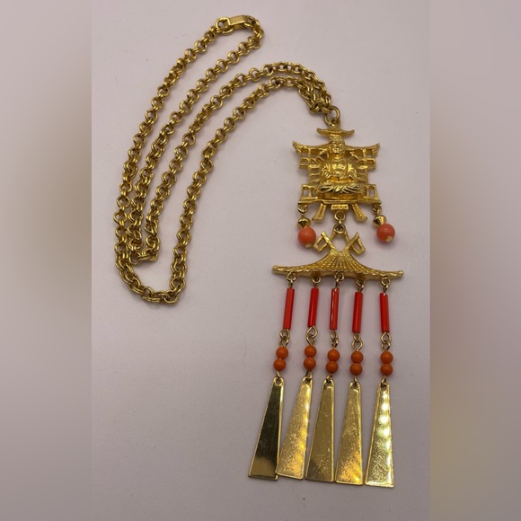 Rare Gorgeous Vintage 1960s Buddha Faux Coral Gold Tone Necklace ART Signed - Picture 8 of 15